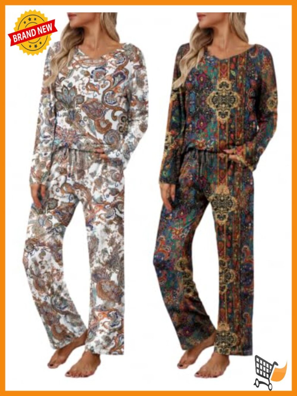 Women's Long Sleeve Pajama Set V-Neck Top & Pants with Pockets 2 Pack